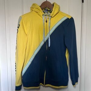 Vintage Triple Five Soul Yellow and Blue Diagonal Stripe Hoodie, Pockets